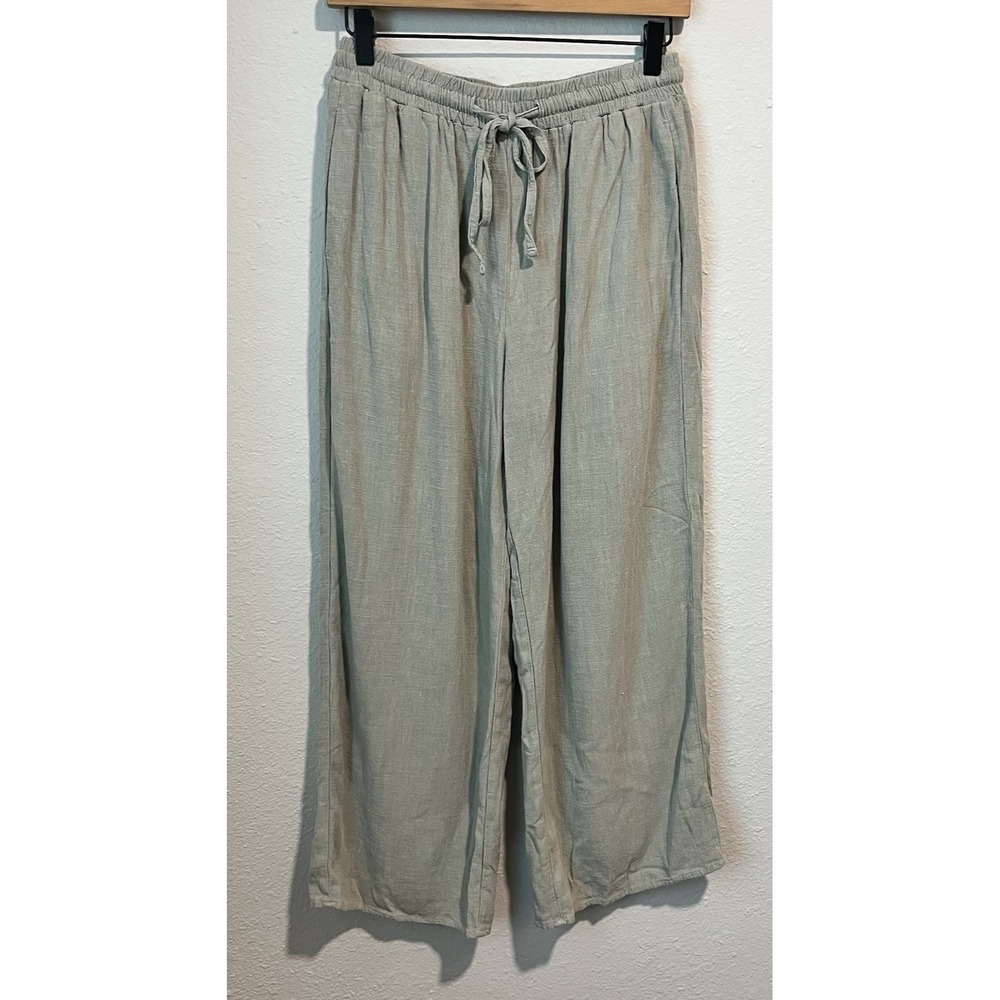 GHANDA Women's Pants Size Sm Wide Leg Flowy Sage Green Viscose Linen Beachy Boho